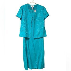 Jessica Howard Linen Blend 2 Pc Embroidered Dress Set Size 8 Petite